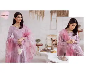 SS Karandi Coleção 3 Pc Ternos Senhoras Bordados Chikankari Camisa Laser Cut Organza Chiffon Algodão Net Dupatta Tingido Calças