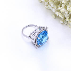 Buy Luxurious 925 Solid Sterling Silver Women's Jewelry Ring Handmade Natural <b>Blue</b> Topaz Gemstone Diamond for Wedding IGI - Product Image 2