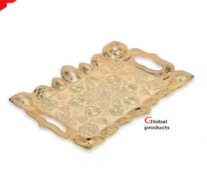 Plateau de service fini en métal argenté brillant avec poignée en feuille d'or pour restaurant et bar d'hôtel - Product Image 3