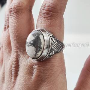Bague en argent sterling 925 pour homme, bague de naissance en Howlite blanche naturelle, bijoux de noël arabe de toutes tailles - Product Image 1
