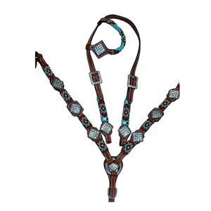 Top quality western <b>leather</b> horse Headstall and Breastplate with beads design and beautiful rhinestones conchos - Product Image 1