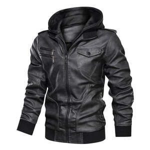 Veste à capuche en cuir motard noir personnalisable pour hommes coupe-vent avec tissu en toile et logo personnalisé - Product Image 4