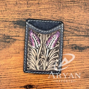 Offre Spéciale femmes usiné à la main en cuir porte-cartes Western en cuir véritable petit portefeuille Floral violet feuille porte-monnaie porte-cartes - Product Image 1