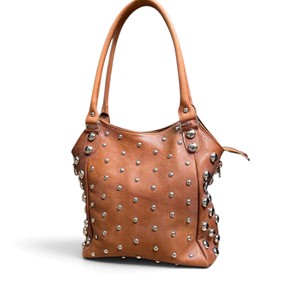 Sac fourre-tout marocain en cuir véritable marron, couleur unie, avec rivets, bandoulière, grande capacité, fermeture éclair, pour le quotidien et les voyages - Product Image 2