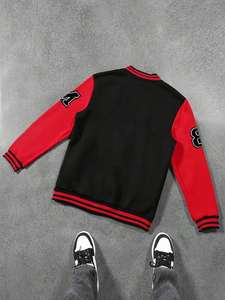<b>Black</b> Red College Baseball Jacket Men Woolen Body Contrast Rib Trim Zipper Closure Warm Winter Casual Hooded 100% Cotton - Product Image 2