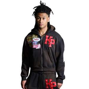 Sudadera con capucha para hombre con cremallera, diseño gráfico, forro polar, estilo urbano, diseño adornado, manga desgastada, informal - Product Image 1