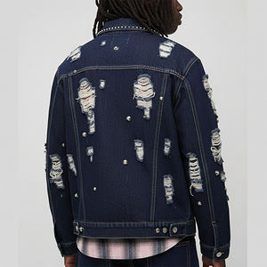 OEM/ODM High Quality Streetwear Rippede <b>Off</b> <b>Turn</b> Down Collar Denim Jacket Custom Embriordred Logo Heavyweight Men's Jacket - Product Image 5