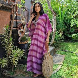 Tendance estivale Tie-Dye Beach Style Robe caftan pour femmes Long Loose Capes avec Solid Ethnic Indian Pattern Casual Bohemian Style - Product Image 2