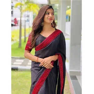 Exclusive Designer Wedding Party Wear Black Color Silk Saree With Sequence Embroidery Work For Women Supplier From Surat