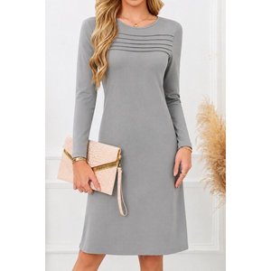 Robe courte en crêpe Kadin à manches longues, col cycliste, détails froncés sur le devant, 37906 - Gris - Product Image 1