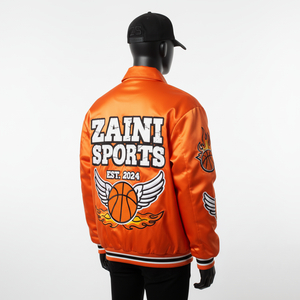 Veste en satin de haute qualité 220GSM Couleur orange vif avec graphismes sur les manches multi-panneaux Logo personnalisé Veste en satin chenille pour hommes - Product Image 5