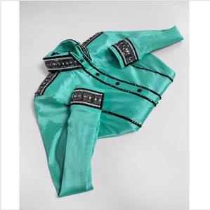 Tafetán elástico de calidad auténtica, camisa de espectáculo occidental, negro, menta, blanco, color carbón, detalles de piedra, cuello, puños y hombros - Product Image 1