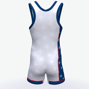 Combinaison de lutte unisexe blanche imprimée par sublimation avec motif étoiles et rayures, tissu en spandex super doux et respirant pour adultes - Product Image 3