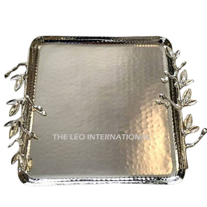 Conception de forme de feuille de plateau en métal en aluminium poli brillant de Texture martelée pour le plateau de fantaisie de service de restaurant d'hôtel à la maison - Product Image 1