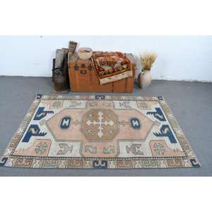 Alfombra Vintage, Alfombra Turca de 4.1x6.3 pies, Alfombra Marroquí de Lana Azul Marrón - Product Image 2