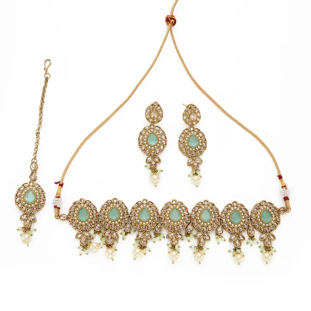 Kunstlicher Export vergoldetes antikes handgefertigtes Choker-Stil-Monalisa-Stein-Halskette-Set in Indien