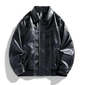 Chaqueta de cuero de grano completo de marfil negro a rayas de alta calidad para hombre, tendencia de moda, Material de lona con cierre de cremallera ajustado - Product Image 3