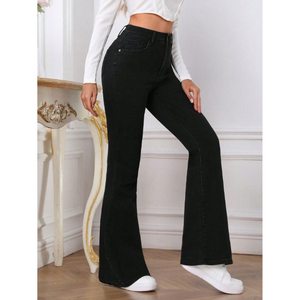 Vaqueros de mezclilla negros de estilo vintage a la moda para mujer, corte ajustado, cintura alta, corte de bota, 100% algodón, transpirables, tallas 26-40 - Product Image 6