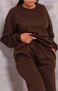 ชุดวอร์ม2ชิ้นสำหรับผู้หญิงชุดวอร์มเสื้อคอกลมแขนสั้นมีฮู้ดและกางเกงวอร์มสำหรับผู้หญิงสีช็อกโกแลต - Product Image 3