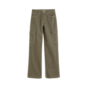 Pantalones cargo de pierna ancha de algodón de oficina clásicos para mujer de fabricación OEM, pantalones clásicos de mujer con múltiples bolsillos lavados planos de cintura media de China - Product Image 5