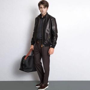 Veste classique en cuir de veau pour hommes de haute qualité Mode britannique avec veste courte en cuir véritable Noir Col montant Tissu en toile - Product Image 5