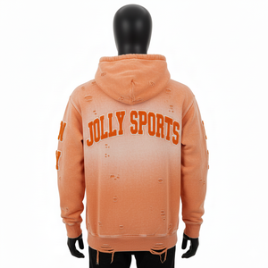 Premium 350GSM cotton fleece pullover <b>hoodie</b> distressed wash <b>orange</b> color with chenille patch custom logo Basics <b>Hoodie</b> - Product Image 4