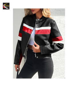 Femmes Moto Biker Vestes Faux Cuir Bomber Veste En Gros Couleur Bloc Racing Manteaux - Product Image 4