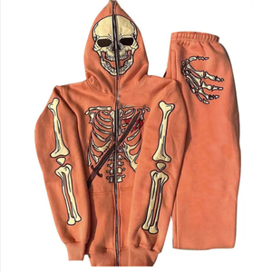 Oem Custom Logo Wholesale Men <b>Plain</b> Oversized Blank Full Face Zip up Hoodie and Flare Pants 400gsm 100% Cotton <b>Tracksuit</b> Set - Product Image 4