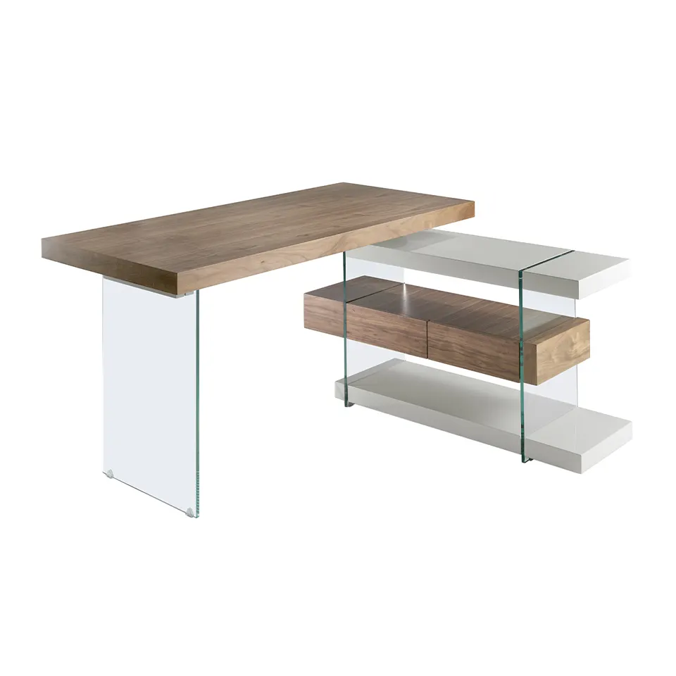 Walnut wood desk and tempered glass