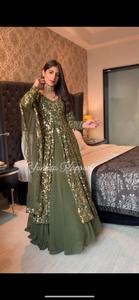 คุณภาพสูง lehenga ชอลิ faux georgette พร้อมลําดับเย็บปักถักร้อยหนักทํางานกับแขนเย็บปักถักร้อยราคาขายส่ง - Product Image 2