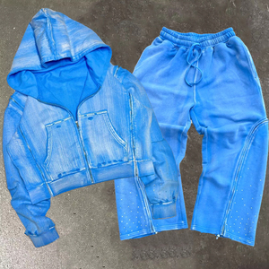 Acid Washed Sporty Men Sweatsuit Set Wholesale Detachable Zippers Rhinestones French Terry <b>Hoodie</b> BaggyJogger Sets for Men - Product Image 4