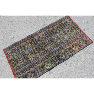 Tribal verde azul 2x3,7 pies alfombra turca hecha a mano tejido plano respaldo de látex Material de lana viscosa Patchwork para entrada de pasillo - Product Image 2