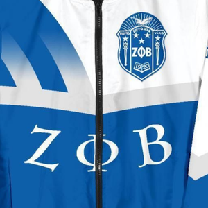 Giacca Premium in Raso per Donne Zeta Phi Beta Blu e Bianca Abbigliamento Sorority 1920 Greco con Ricamo dello Scudo ZPB Stile Varsity - Product Image 4