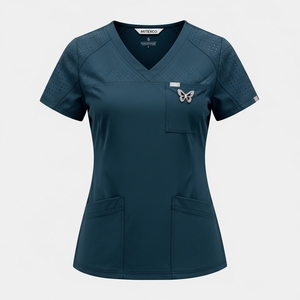 MITEXCO Women's Premium V-Neck Medical Scrubs <b>Top</b> | <b>Teal</b> Performance Stretch Fabric, Perforated Yoke, Butterfly Emblem, Pockets - Product Image 1