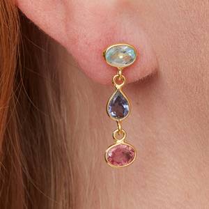 Antique 925 Sterling <b>Silver</b> Handmade Gold Plated Cute Wedding Earrings Bezel Setting Natural Multi-Colored Tourmaline Gift - Product Image 4