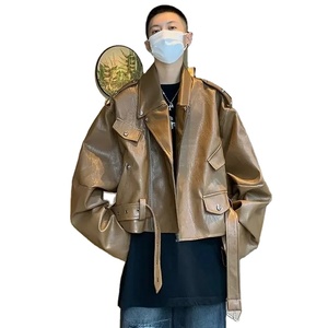 Veste en cuir marron vintage de style américain pour hommes Printemps Automne Casual Loose Fit Motorcycle Jacket Designs - Product Image 5