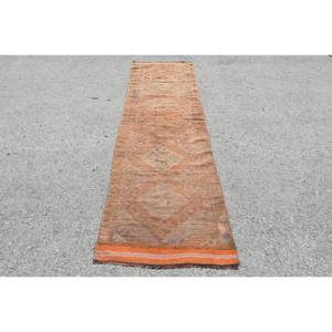 Alfombra de lana de retazos naranja Vintage, 2,5x9,3 pies, área grande clásica, diseño de pasillo rectangular turco para habitación de adolescentes, respaldo de látex - Product Image 1