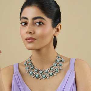 Zircon Crystal Flower Shape Short Women's Wedding <b>Necklace</b> with Green <b>Ruby</b> Stones Rodium Polish and Claw Setting 178394 - Product Image 1