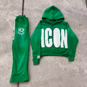 Sweat à capuche évasé vintage pour hommes survêtement délavé à l'acide avec fermeture éclair brodé ensemble de jogging hiver polyester coton vêtements pour hommes - Product Image 4