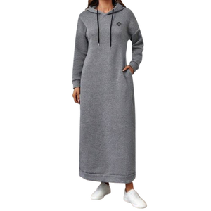 Ventes en gros de robes longues à capuche en polaire tricotée grise pour femmes, pull décontracté d'hiver, vêtements de détente avec poches, commandes en gros - Product Image 1