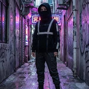 Sweat à capuche respirant en polaire d'hiver Techwear noir avec bande réfléchissante 3M, sangle à boucle tactique, col montant, streetwear cyberpunk - Product Image 1
