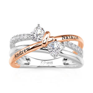 Bague de promesse en acier inoxydable plaqué or rose, personnalisée avec un nœud gravé et 2 cœurs, avec pierre de naissance - Product Image 2
