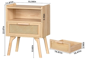 <span class=keywords><strong>Tavolino</strong></span> All'Ingrosso in Stile Bohémien con Cassetto e Ripiano Aperto, <span class=keywords><strong>Comodino</strong></span> con Dettagli in Canna d'India e Gambe in Legno Massello per Arredamento Camera da Letto - Product Image 3