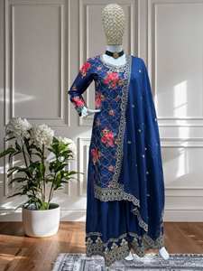 Lancement de la nouvelle collection moderne de tenues de fête Kurti Plazzo avec dupatta en soie chiffon imprimée et brodée - Product Image 4