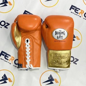 Guantes de boxeo personalizados No Boxing No Life, color negro y dorado, guantes profesionales de entrenamiento y sparring con cordones para adultos. - Product Image 1