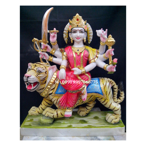 Fabricant de statues de la déesse Durga Mata en marbre blanc avec lion et en position assise, pour la décoration de la maison et des temples. - Product Image 1