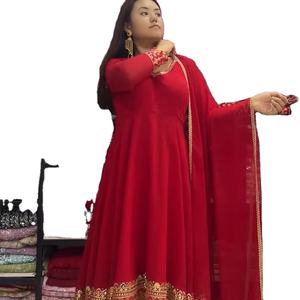 Simple/ Classy Look Red Color Embroidery Huge Flair Pattern Free Size High-Quality Pakistani Salwar Kameez Sets For Online Sale - Product Image 1