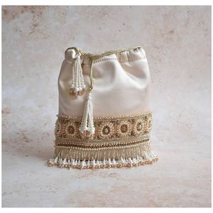 2025 @ <b>White</b> Silk Fabric <b>Evening</b> <b>Bags</b> with Hand Embroidery Pearls Stone Glass Beads Work with tassels for Party-wear/Weddings - Product Image 1