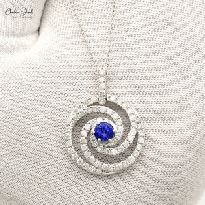 Top Supplier 14k <b>Solid</b> White <b>Gold</b> Natural 6mm Round Cut Tanzanite Spiral <b>Pendant</b> With SI Clarity Diamond Halo <b>Pendant</b> Jewelry - Product Image 2