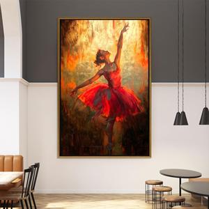 Impression sur toile Ballerine Ardente : Danseuse en robe rouge dans un éclat doré, TOILE ENCADRÉE DORÉE - Product Image 1